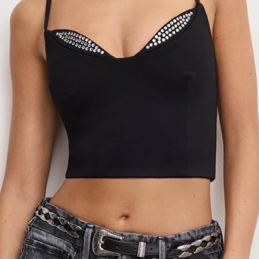 Good American Black cropped jewel encrusted tank top